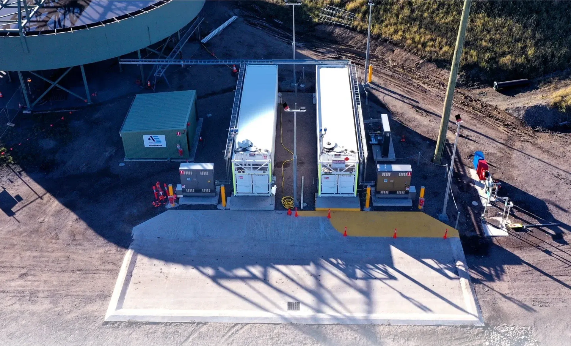 Aerial view of the reagent dosing cabinets and containerised storage units at the Mt Owen CHPP, Hunter Valley, NSW