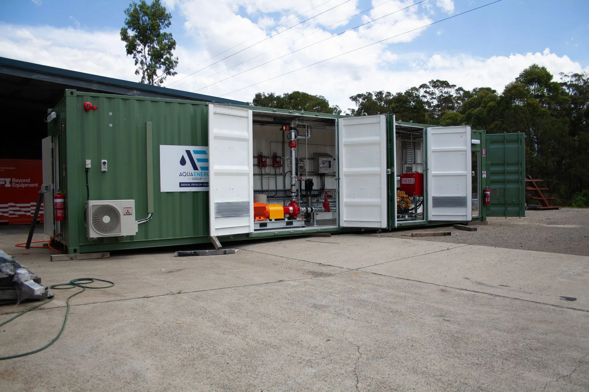 Containerised modular fire pump station with doors open for South32 at Appin, NSW