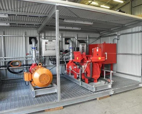 Diesel and electric fire pumpsets inside the modular fire pump station for Moolarben UG coal mine, Central West NSW