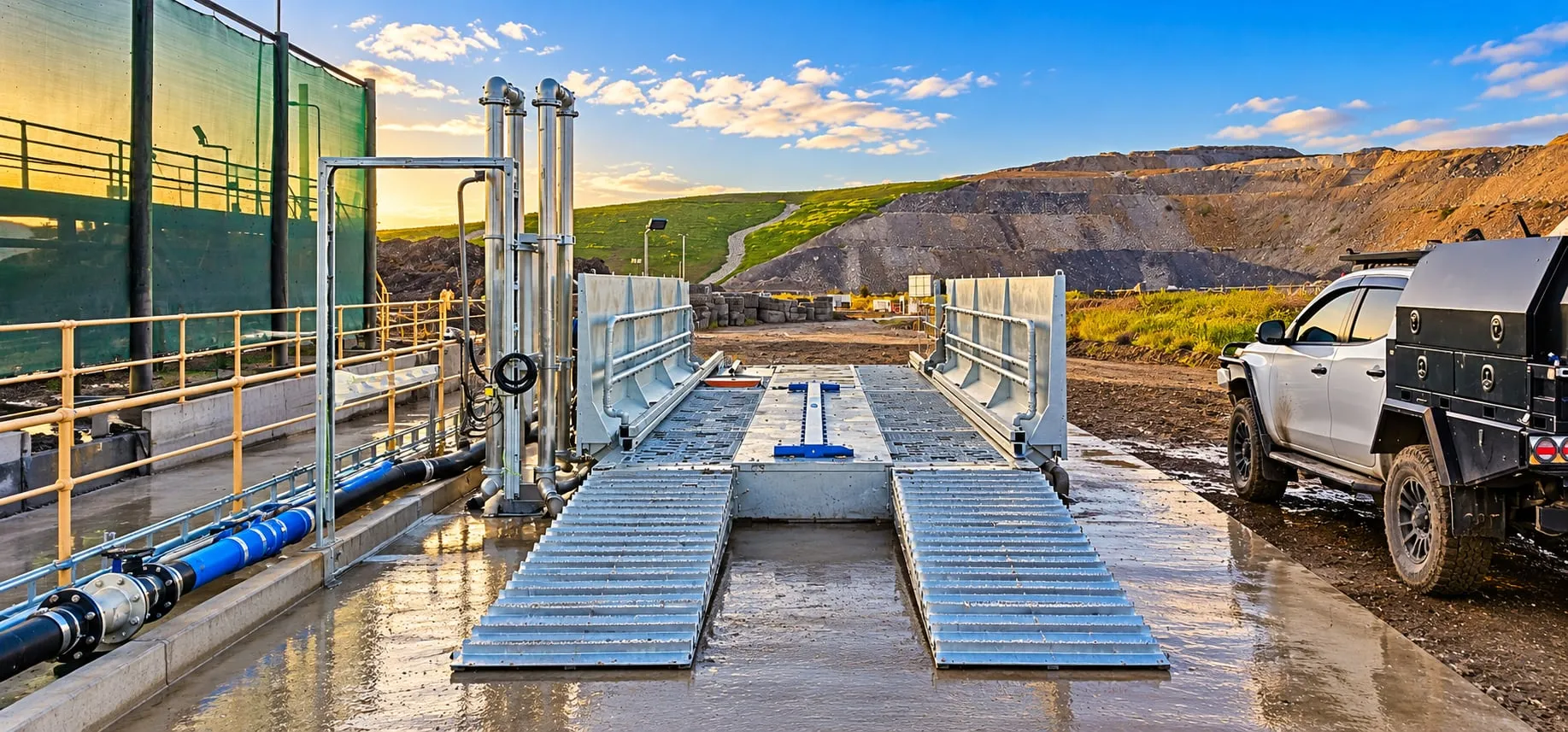 Light vehicle demucking system with galvanised ramps and spray bars at Maules Creek, NSW