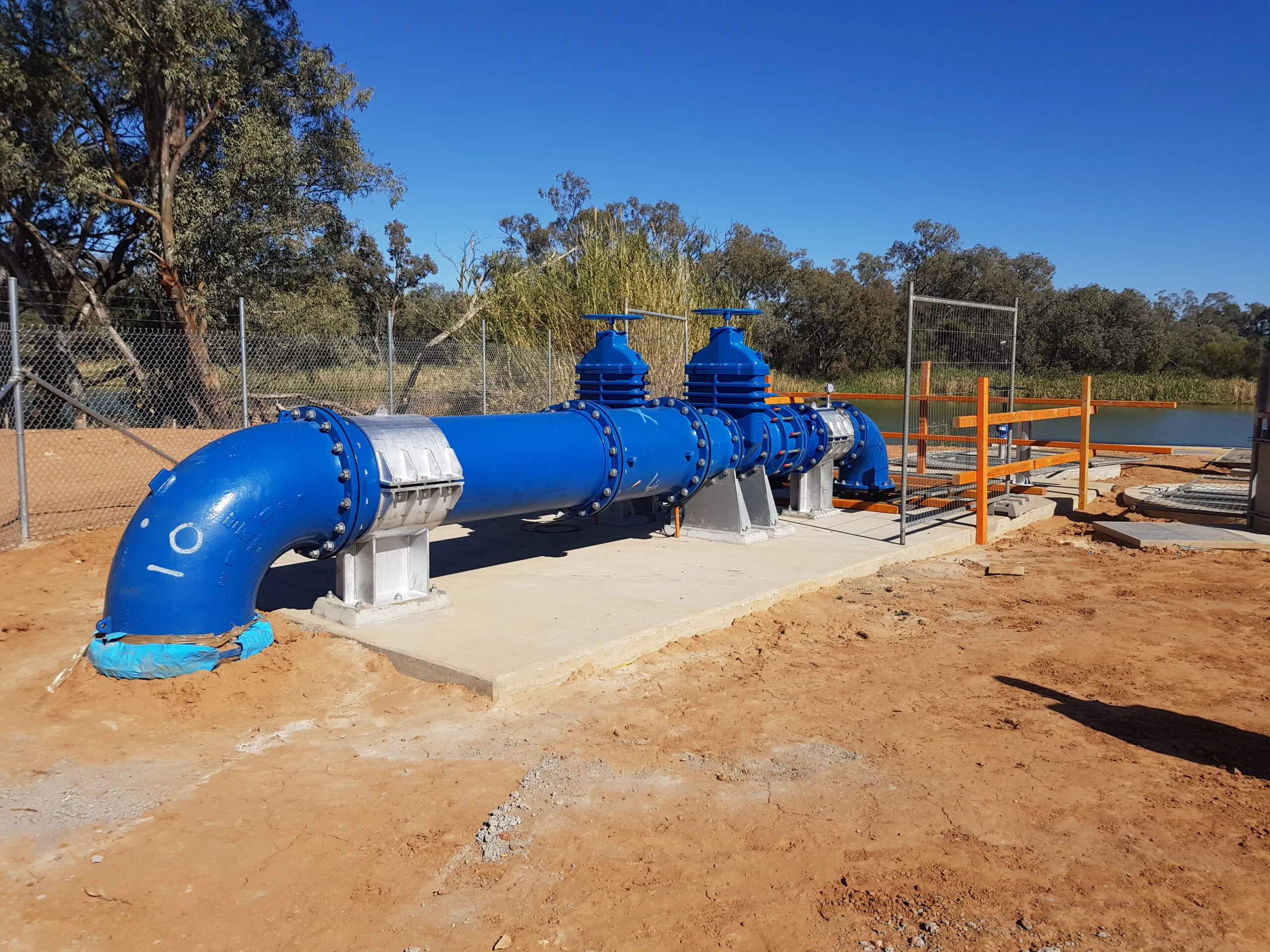 Blue DN pipework and isolation valves at the Midwest water transfer pump station, NSW