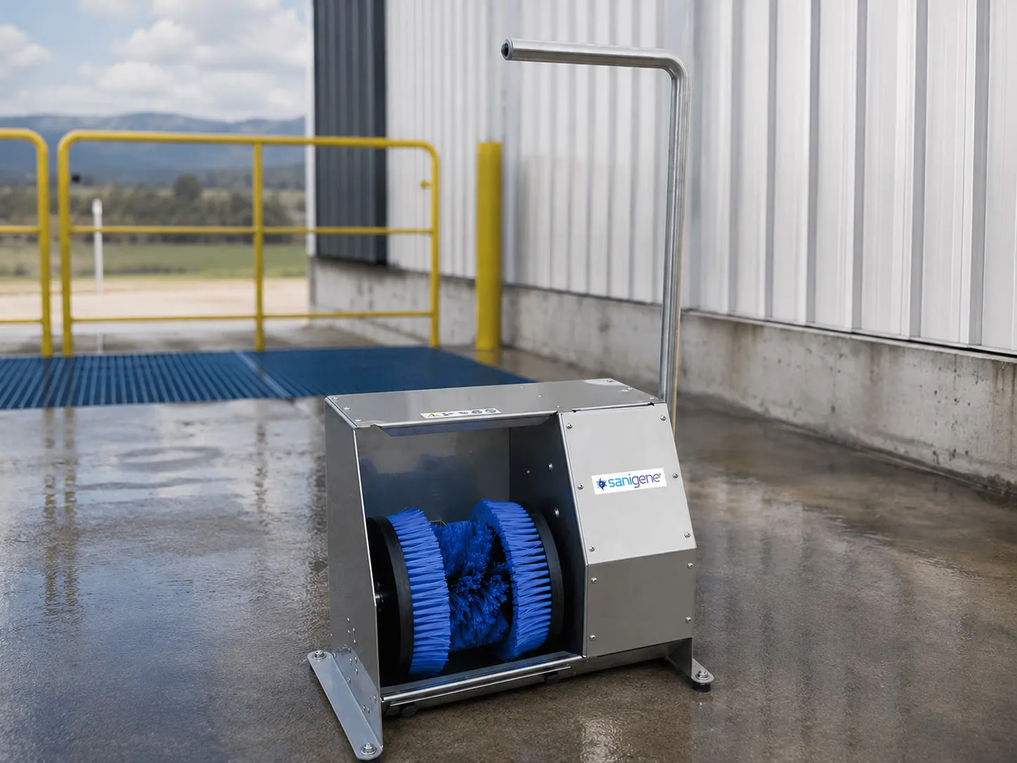 Boot scrubber station at a shed entry with a disinfection mat behind it
