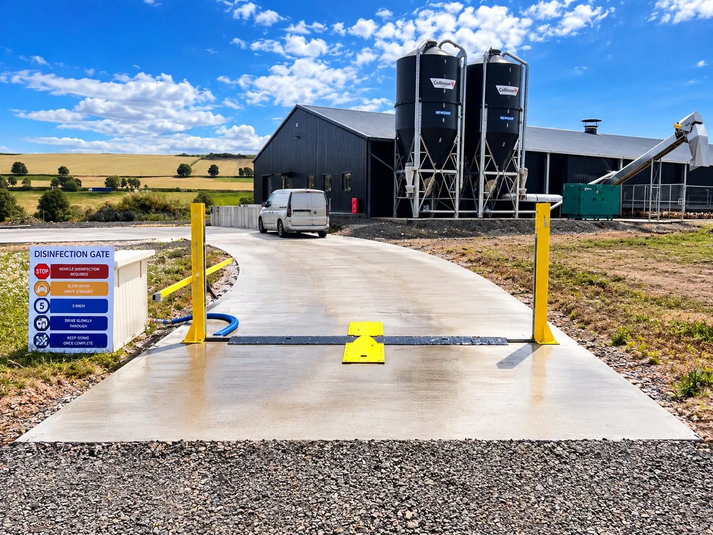 Vehicle disinfection gate on a sealed entry road at a farm, with feed silos and sheds behind