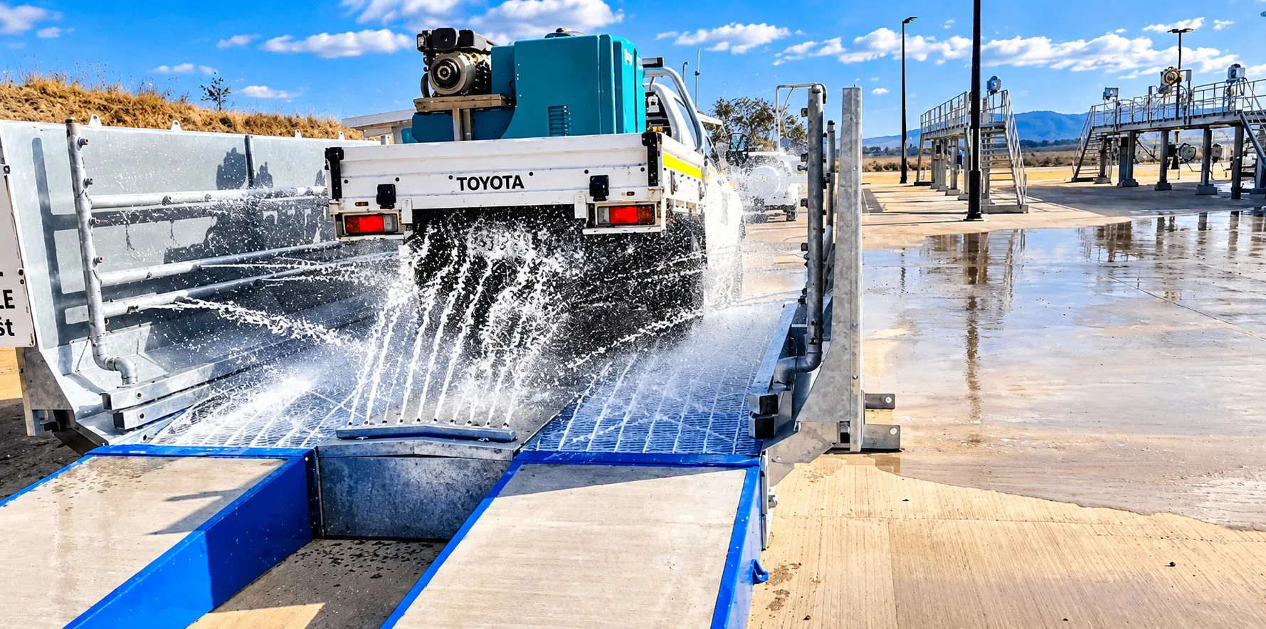 Ute driving through a weed and seed wash ramp with water spraying its wheels and underbody