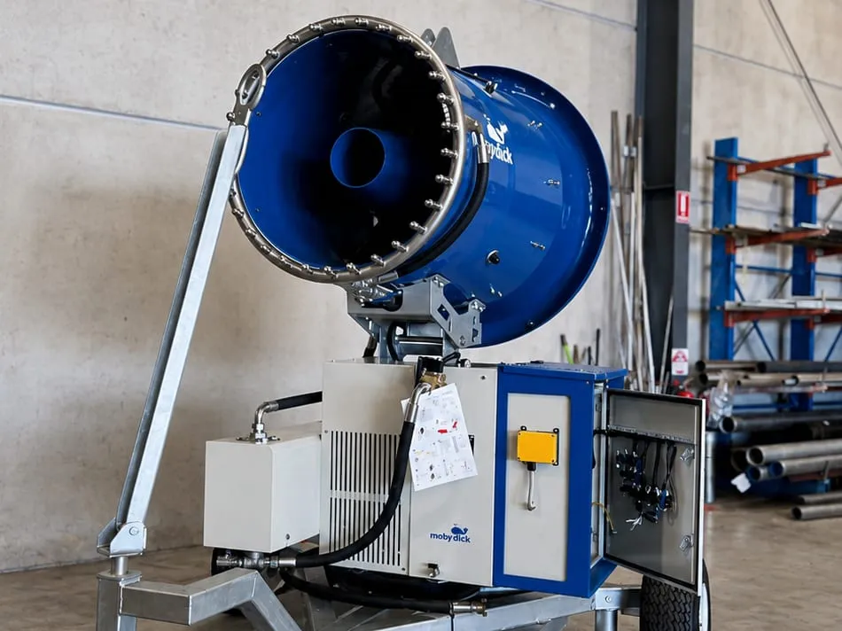 MobyDick dust suppression cannon on a wheeled trailer in the Aqua Energy Group workshop