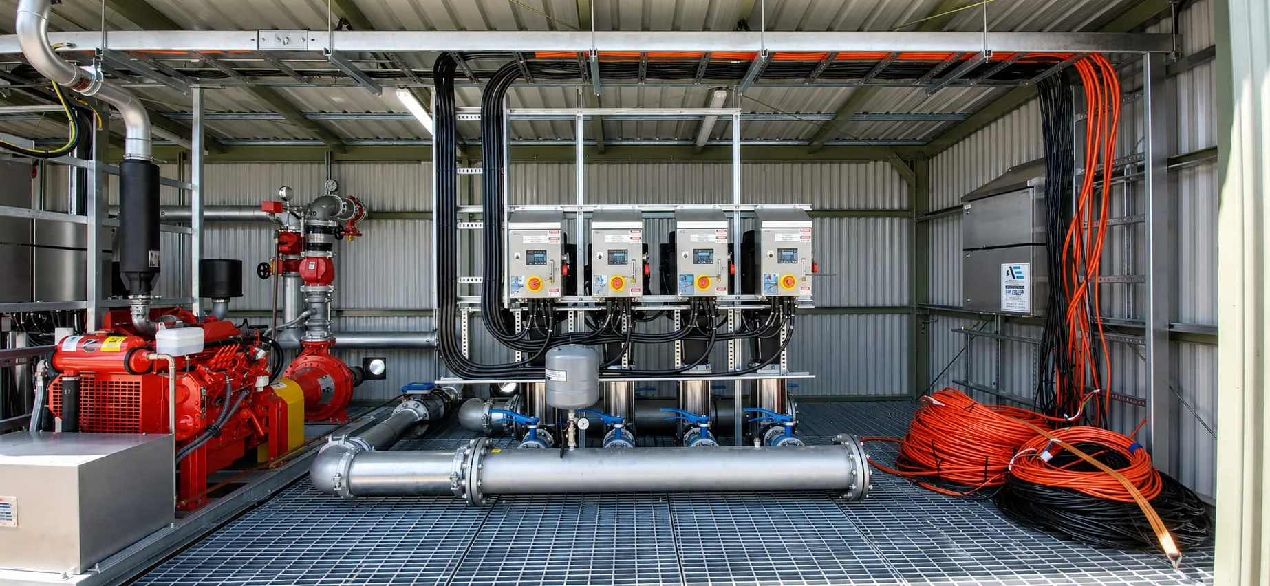 Containerised fire pump station with a red fire pump set, booster pumps and pump controllers on a stainless steel manifold