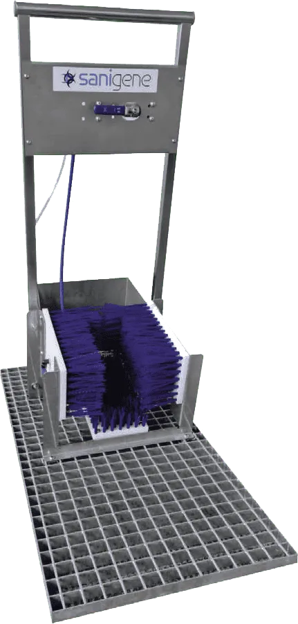Stainless steel workboot washer with rotating brushes and handrail