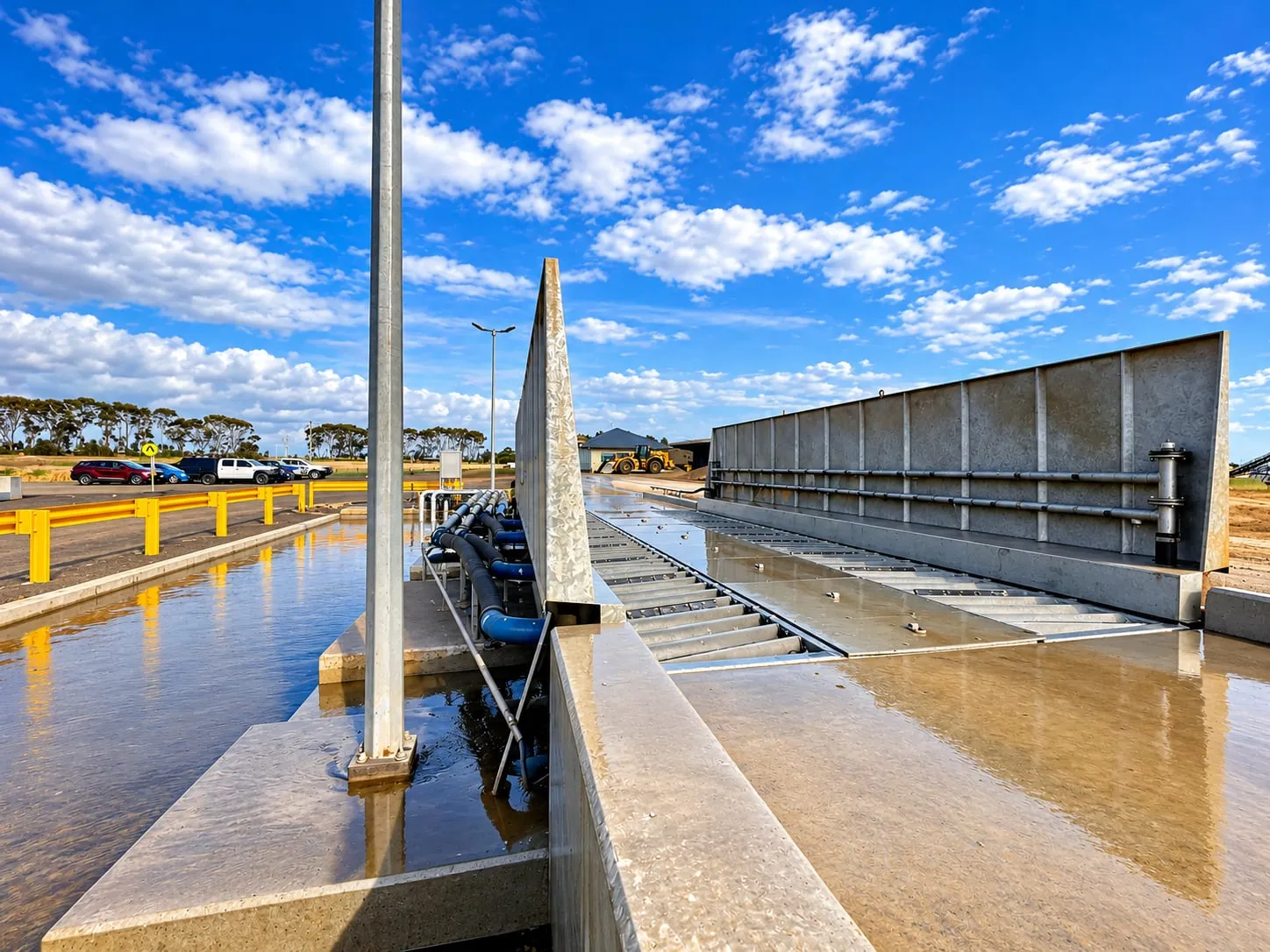 Drive-through wash bay with galvanised splash walls and recycle sumps at Ballarat, VIC