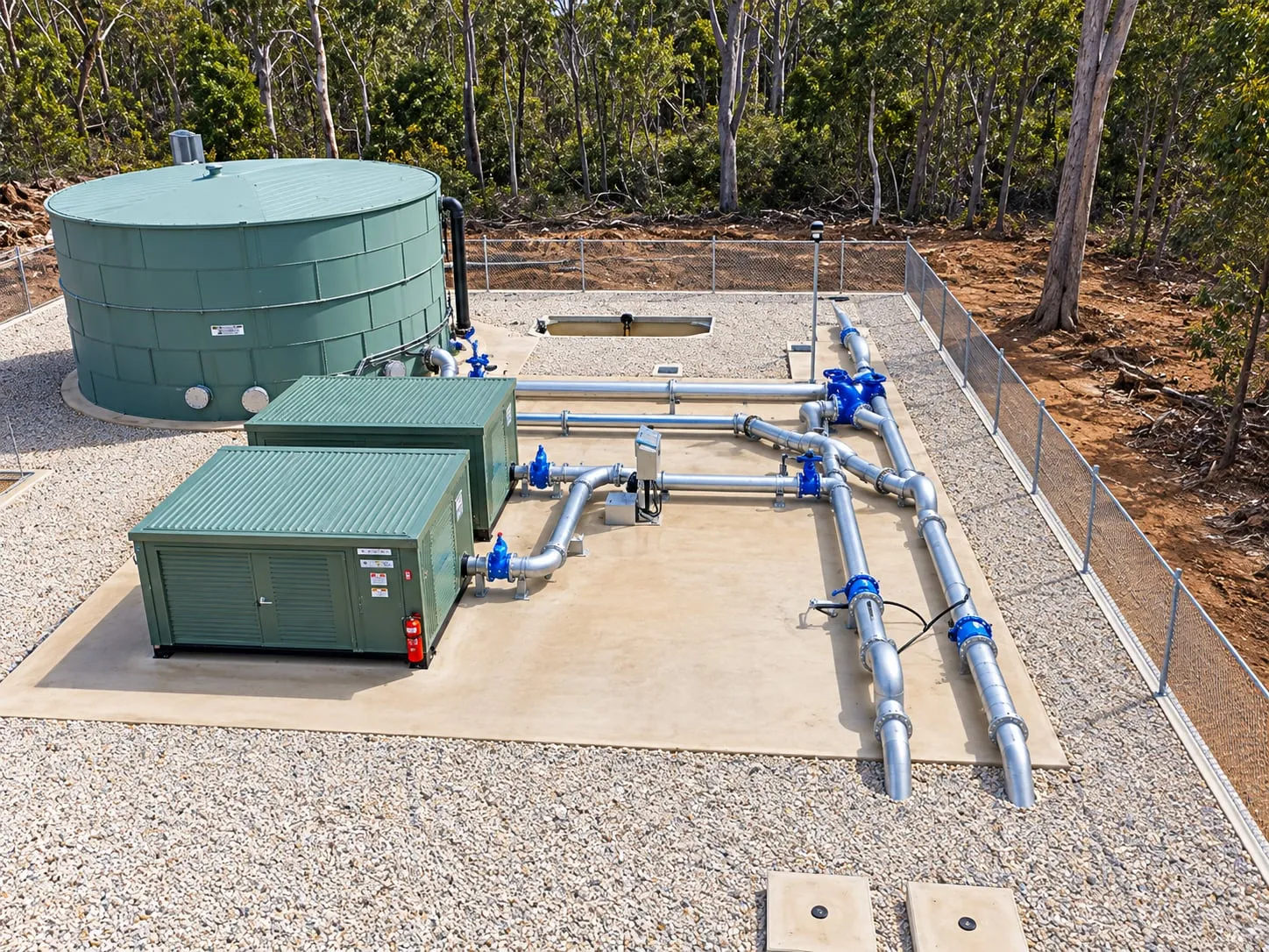 Water tank, switchroom kiosks and pipework on a concrete pad at the Centennial Coal water management system, Lithgow, NSW