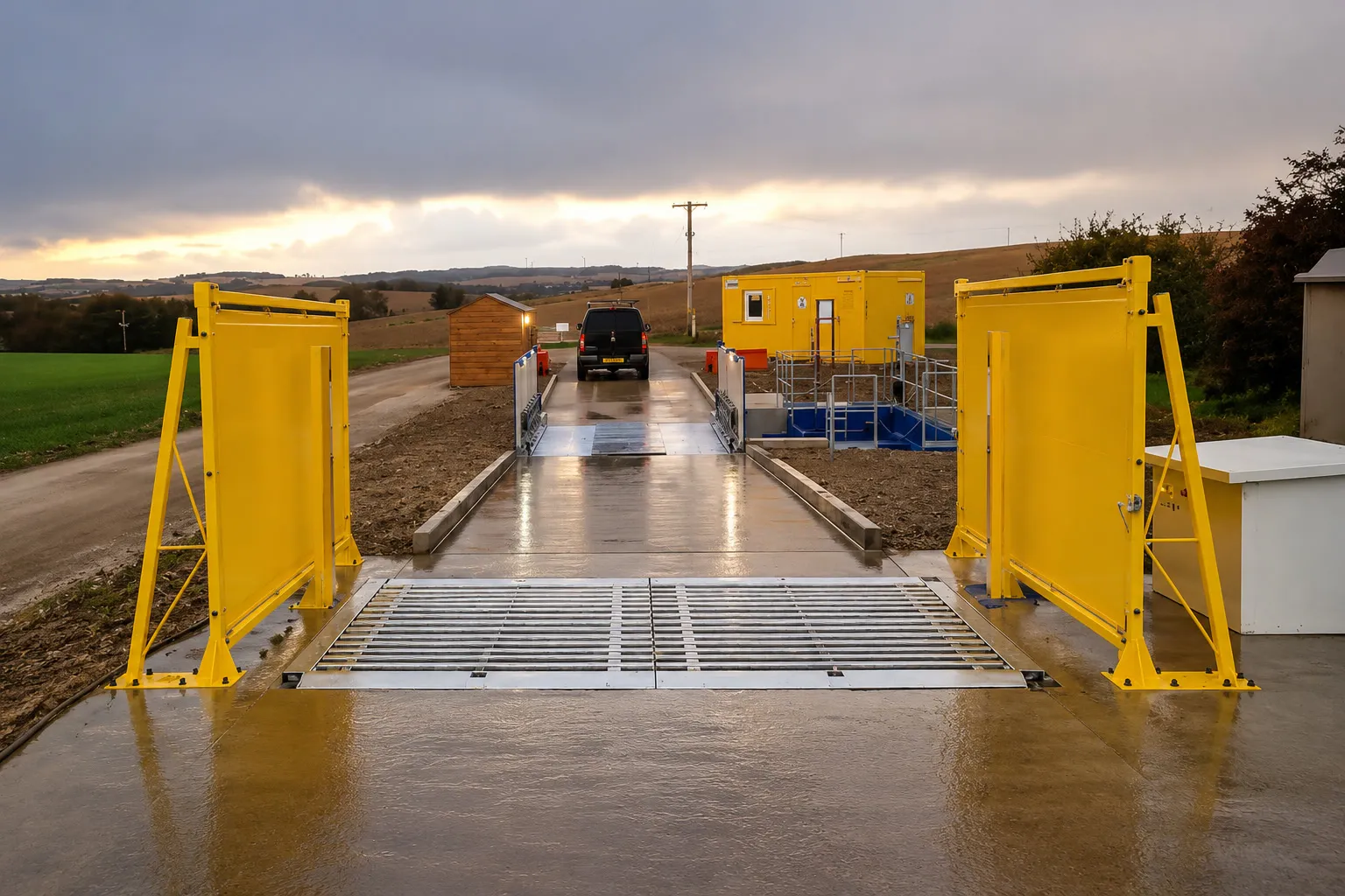 Vehicle disinfection gate with yellow spray frames over a wash ramp at a site entry