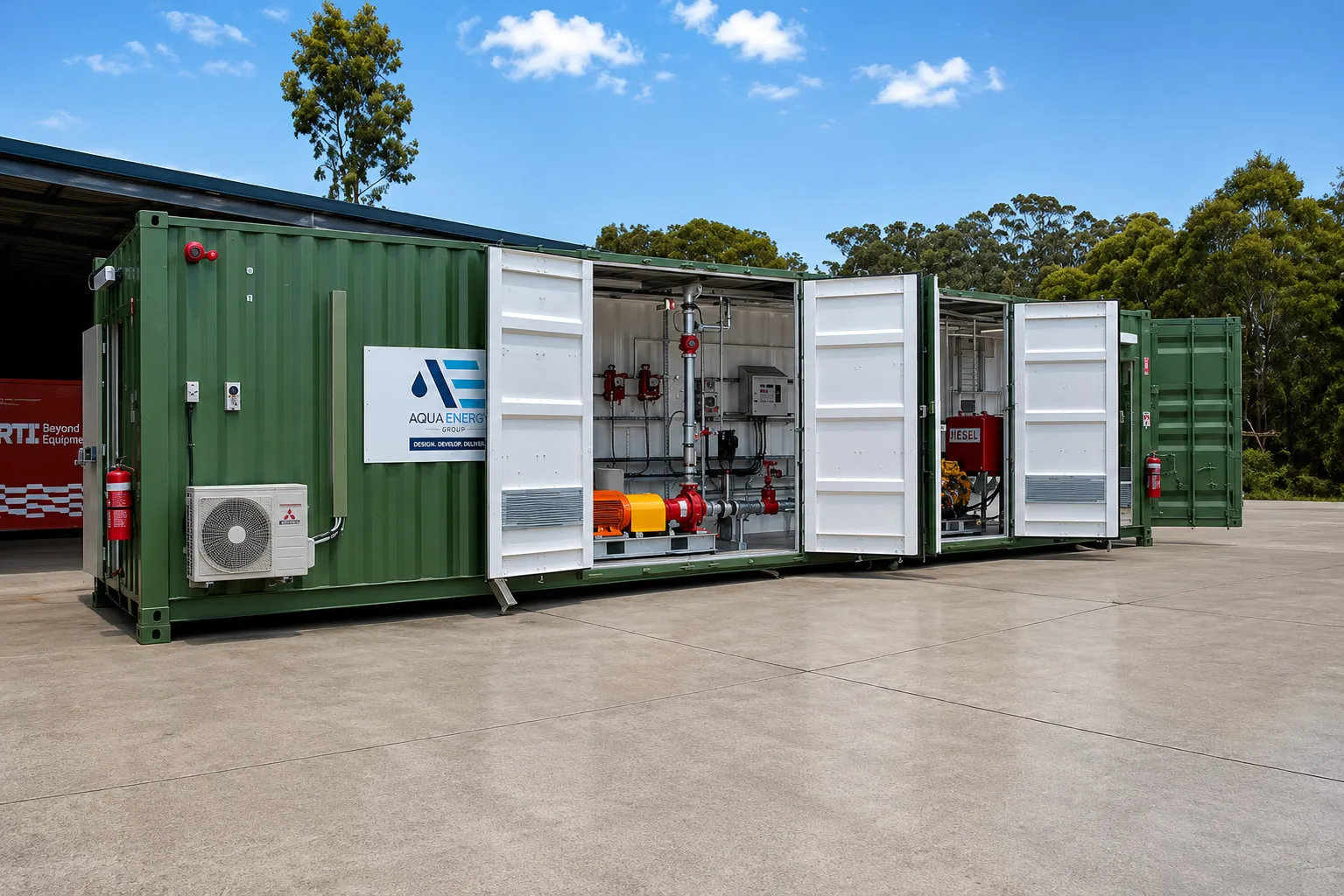 Containerised pump station with its doors open, showing pump sets, pipework and controls