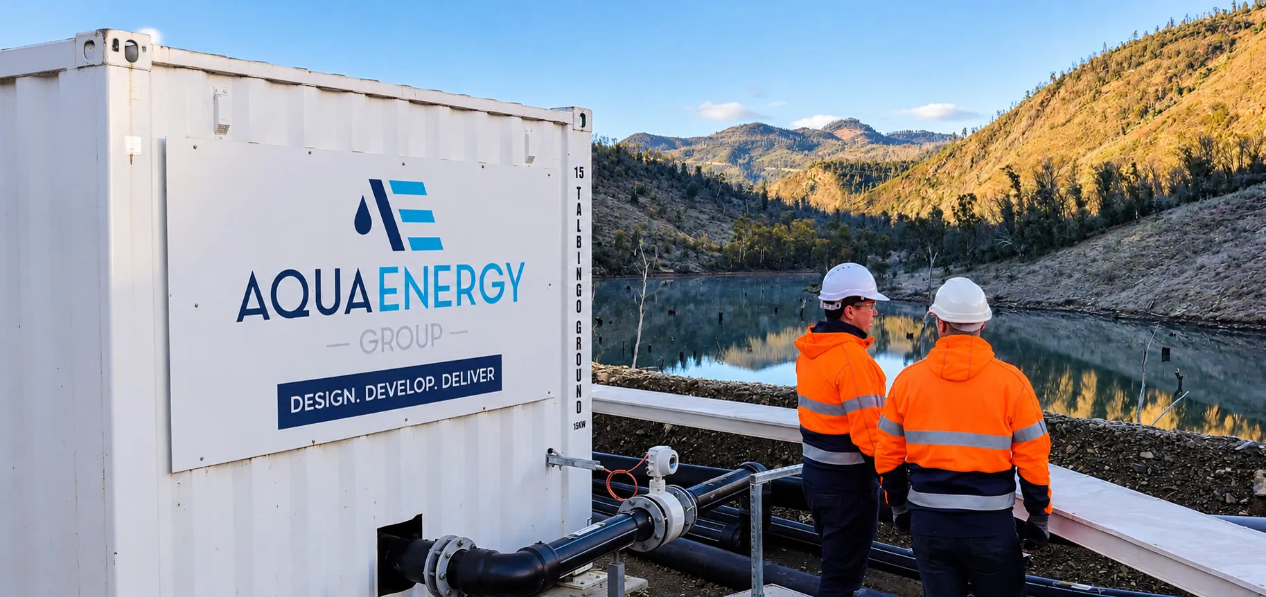 Aqua Energy Group container on site, with two team members looking out over the water