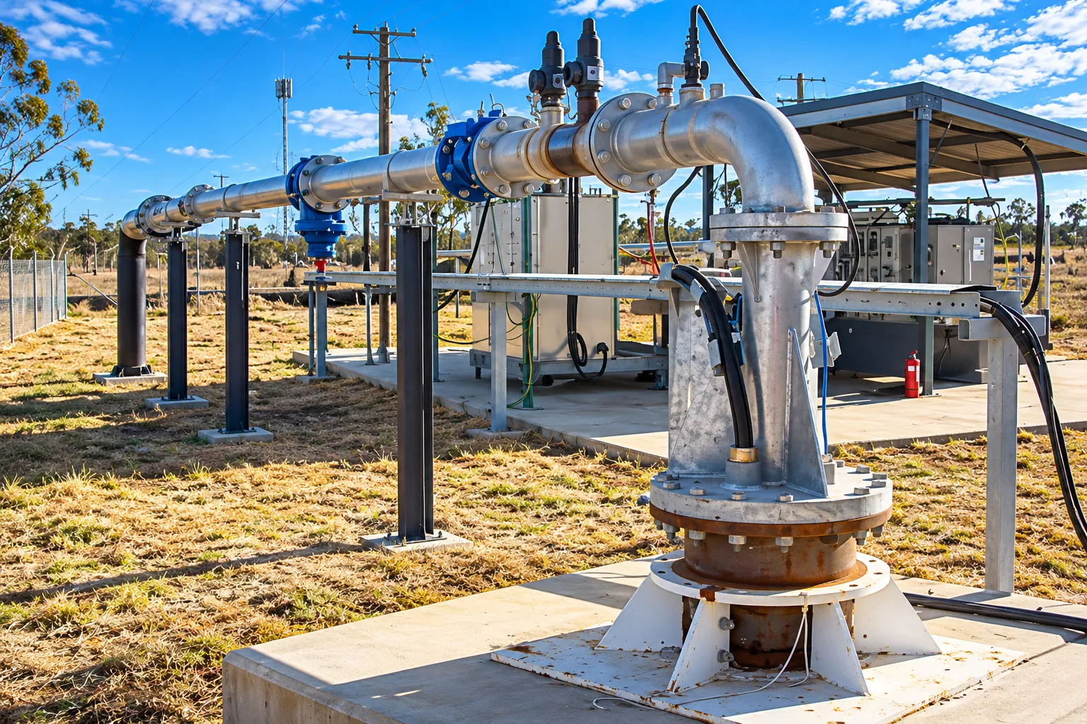 Stainless steel borehole headworks and discharge pipework at a pump station