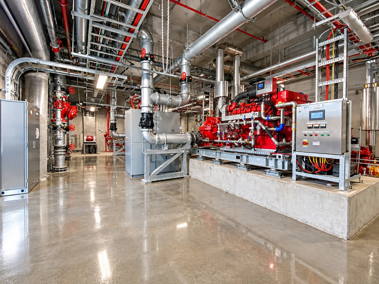 Deluge pump room with red fire pump sets, valves and control panels