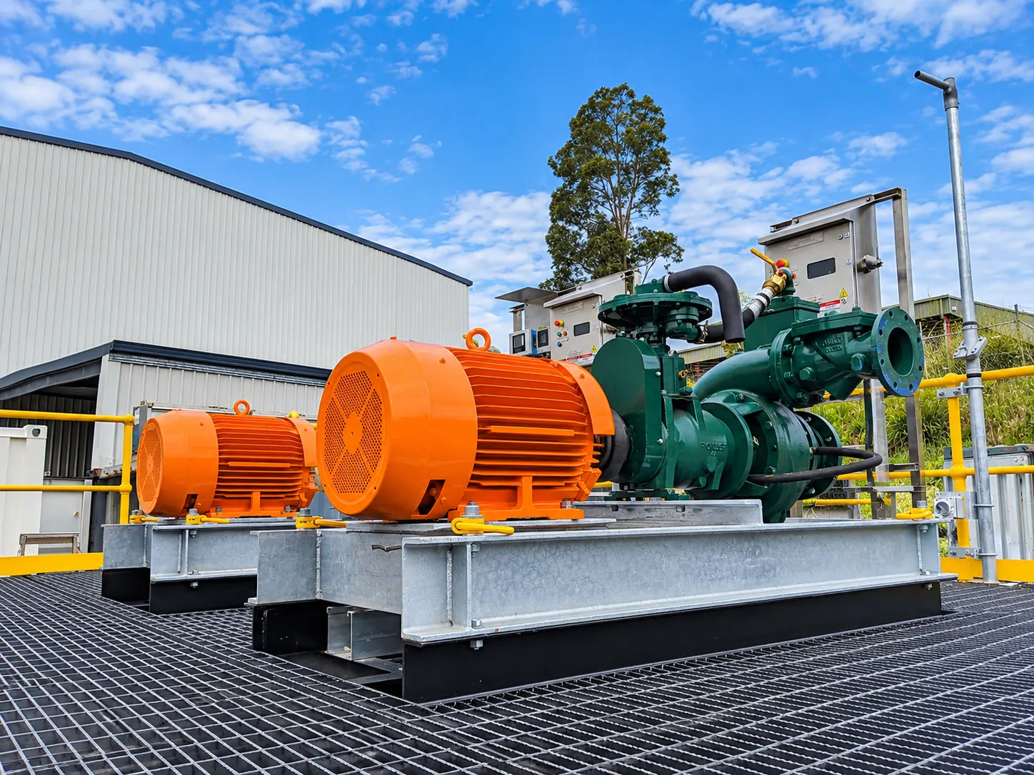 Dewatering pump sets with electric motors on a galvanised skid