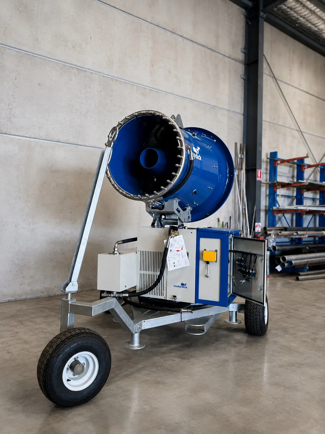 Mobile dust suppression cannon on a wheeled frame