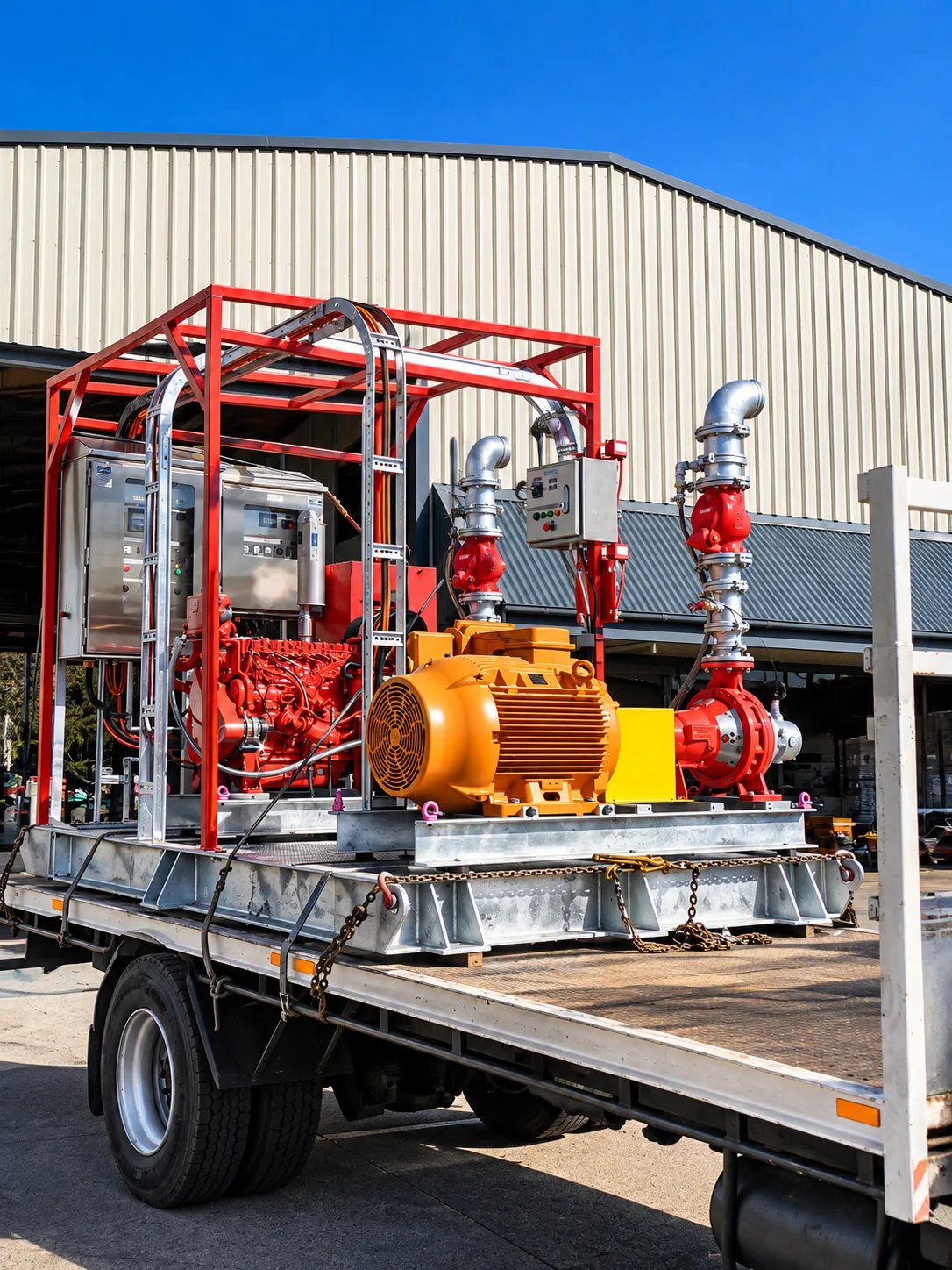Packaged fire pump skid with diesel and electric pump sets loaded on a truck