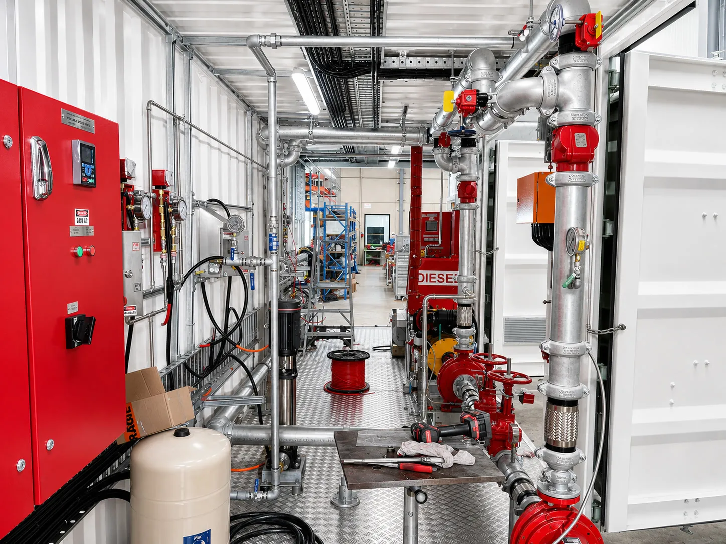 Inside a containerised pump enclosure with fire pump controllers, valves and pipework