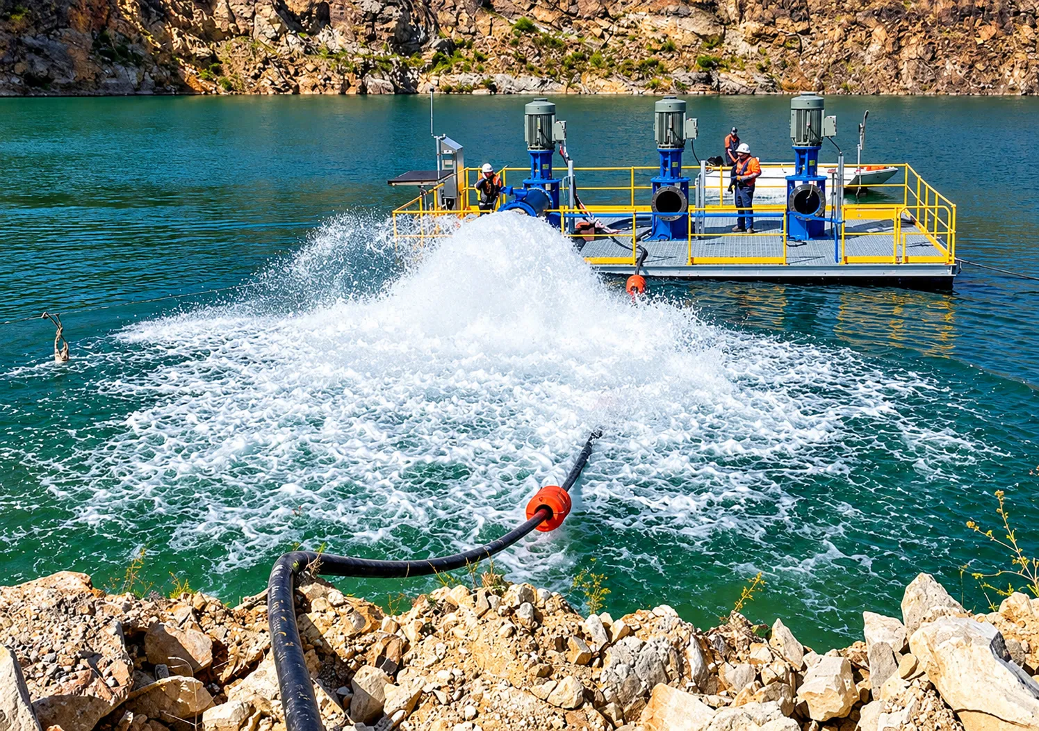 Pontoon pump station discharging water across a pit lake during drought relief works in inland NSW