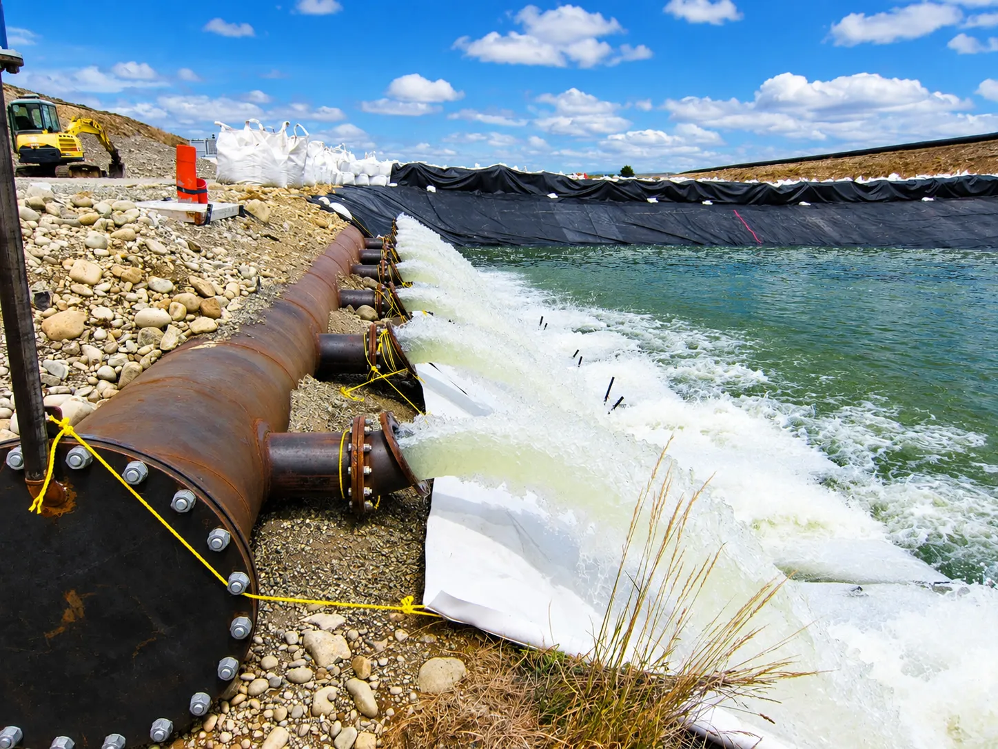 Discharge pipes releasing water over a lined bank during the Lake Tekapo canal dewatering, New Zealand