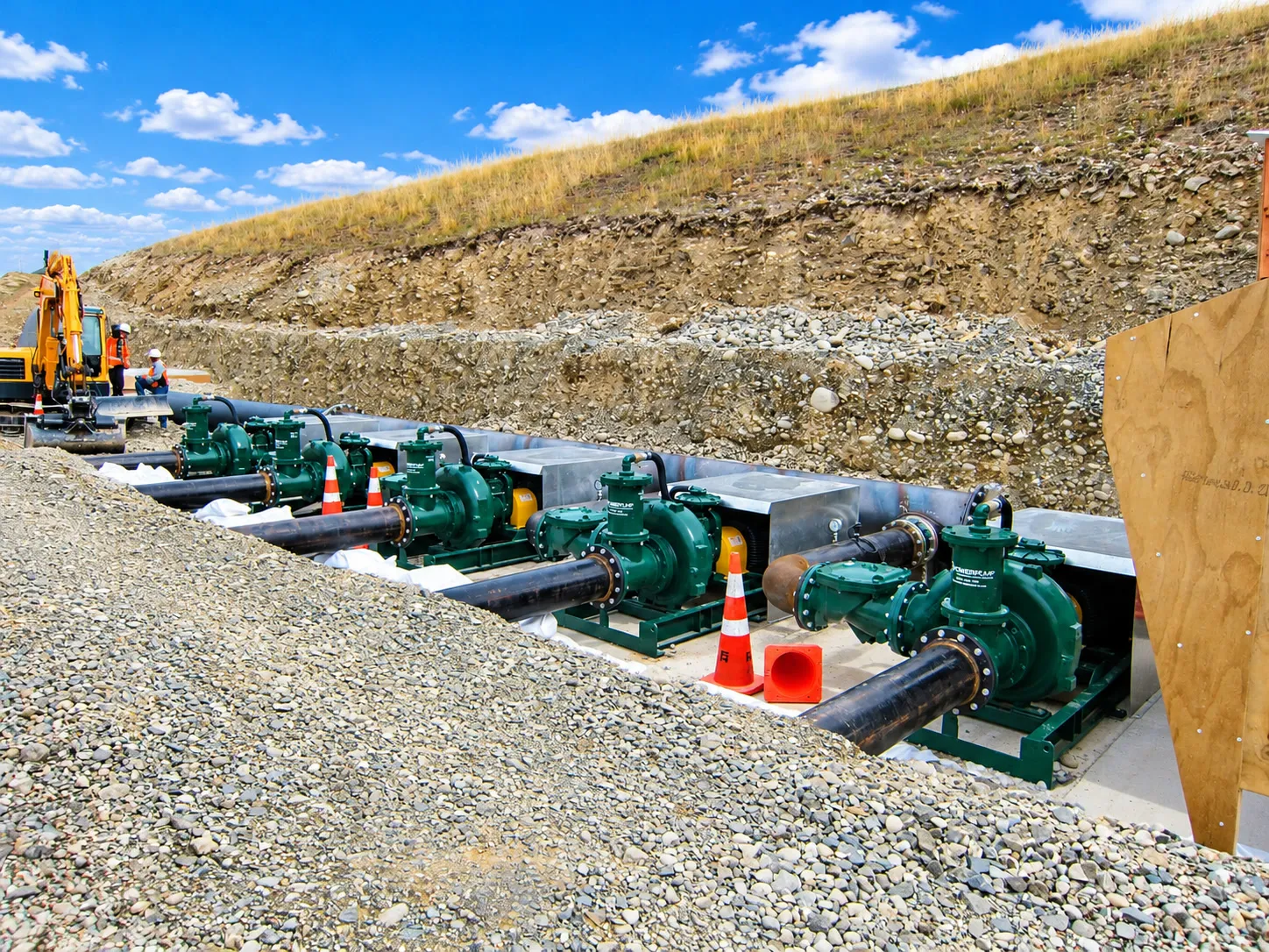 Row of dewatering pumps and discharge pipework set in a trench