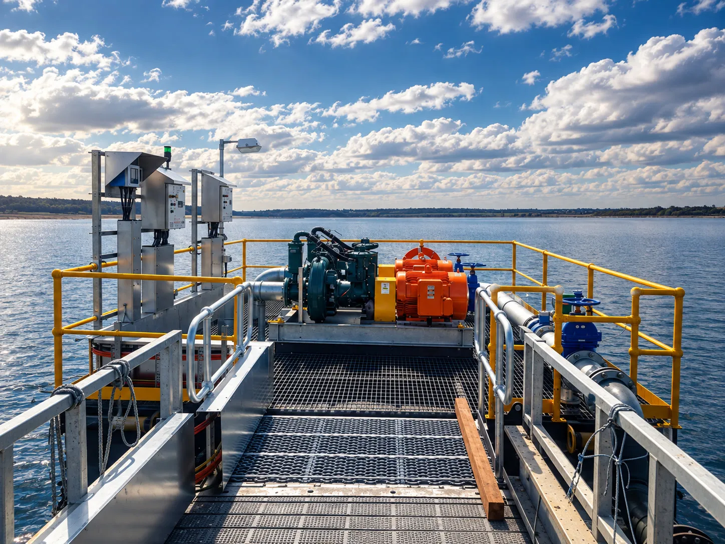Pump deck of the Ravensworth pontoon pump station, with handrails and pump sets on the water
