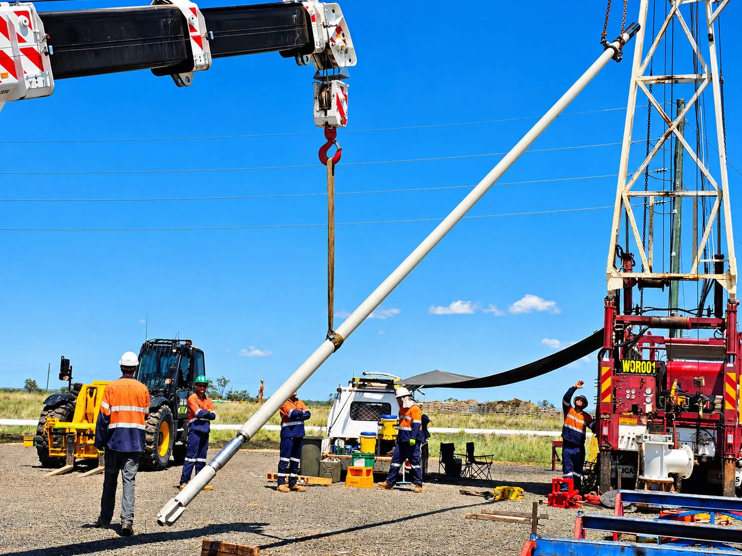 Crane and crew installing the column pipe for a 330 kW borehole submersible pump at an underground mine, Emerald, QLD