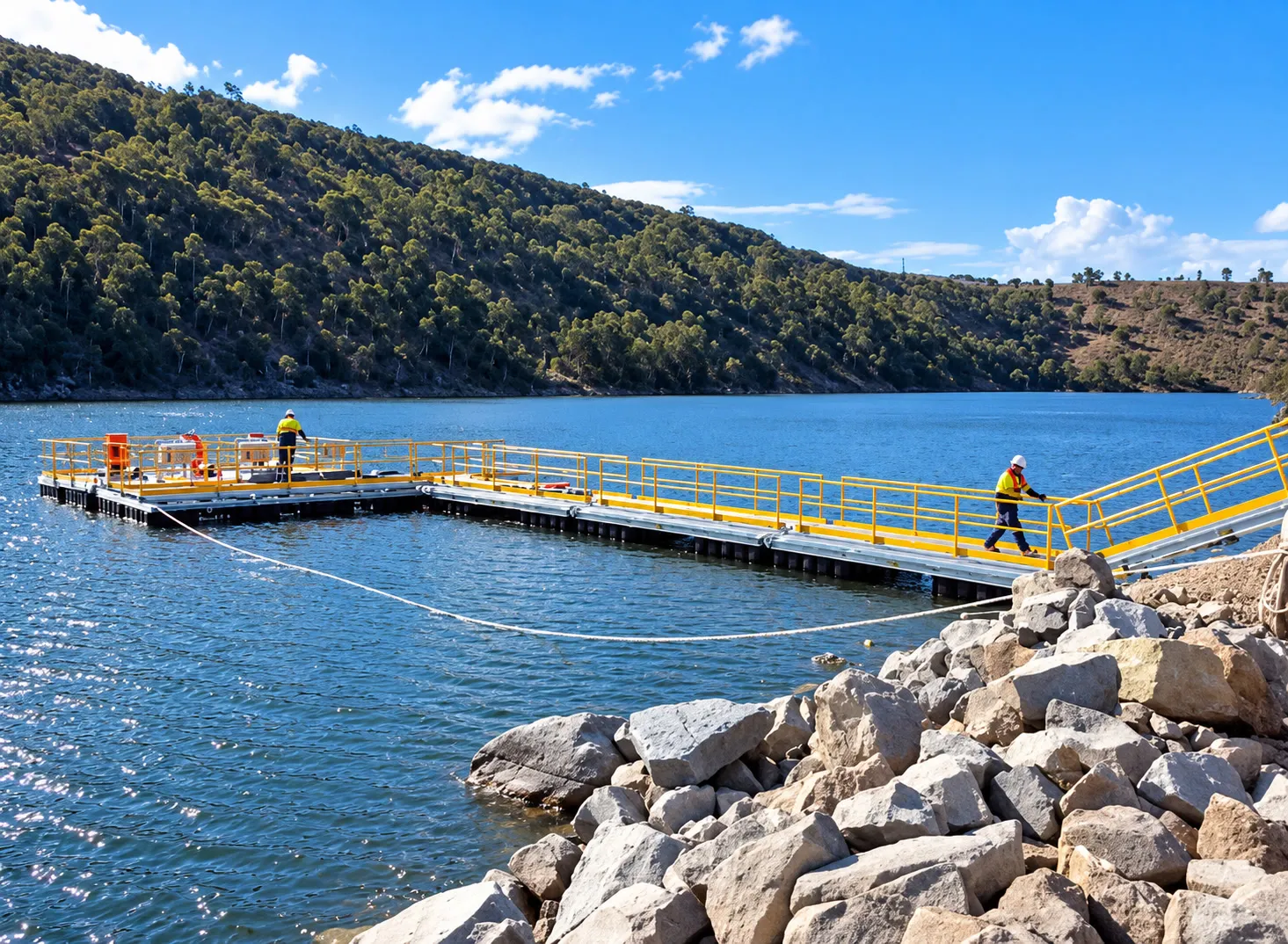 Floating pontoon pump station and yellow-railed access walkway on a mine water storage at Ravensworth in the Hunter Valley