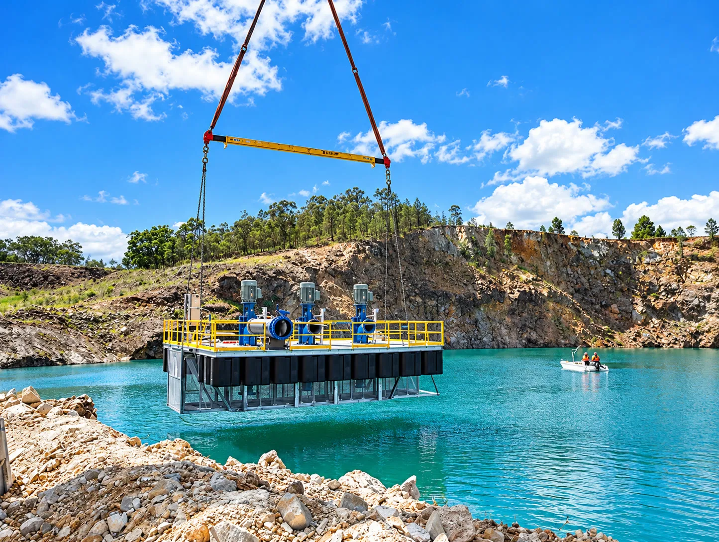 Crane lowering a pontoon pump station onto a pit lake during drought relief works in inland NSW
