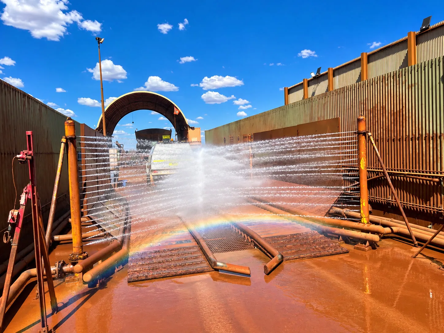 Drive-through wash rack with spray bars firing across a red-dirt mine site wash bay