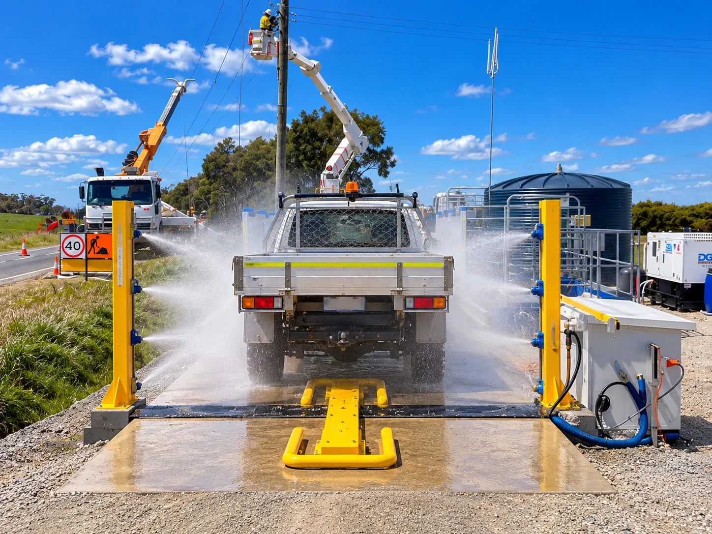 Ute driving through a biosecurity washdown with side spray arches and an undercarriage spray bar