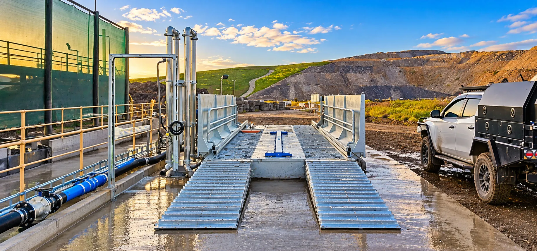 Light vehicle demucking system with galvanised ramps and spray bars at Maules Creek, NSW