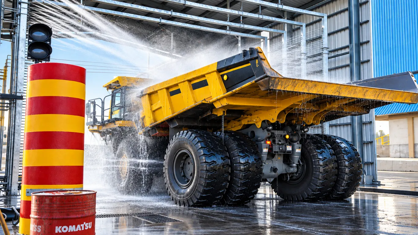 Haul truck being washed under high-pressure spray in a covered truck wash bay