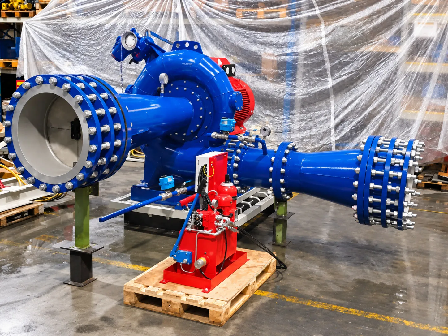 Hydro power turbine module with its hydraulic unit in the workshop